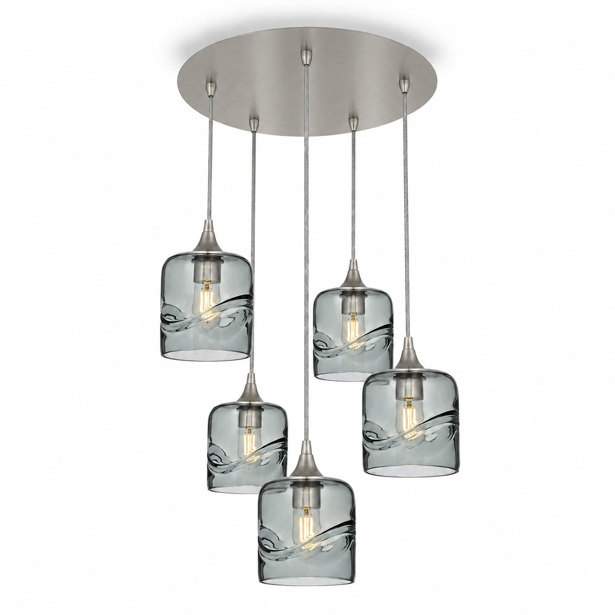 603 5 Pendant Cascade Chandelier-Glass-Bicycle Glass Co - Hotshop-Brushed Nickel - 4ft Cord-Swell-Slate Gray-Bicycle Glass Co