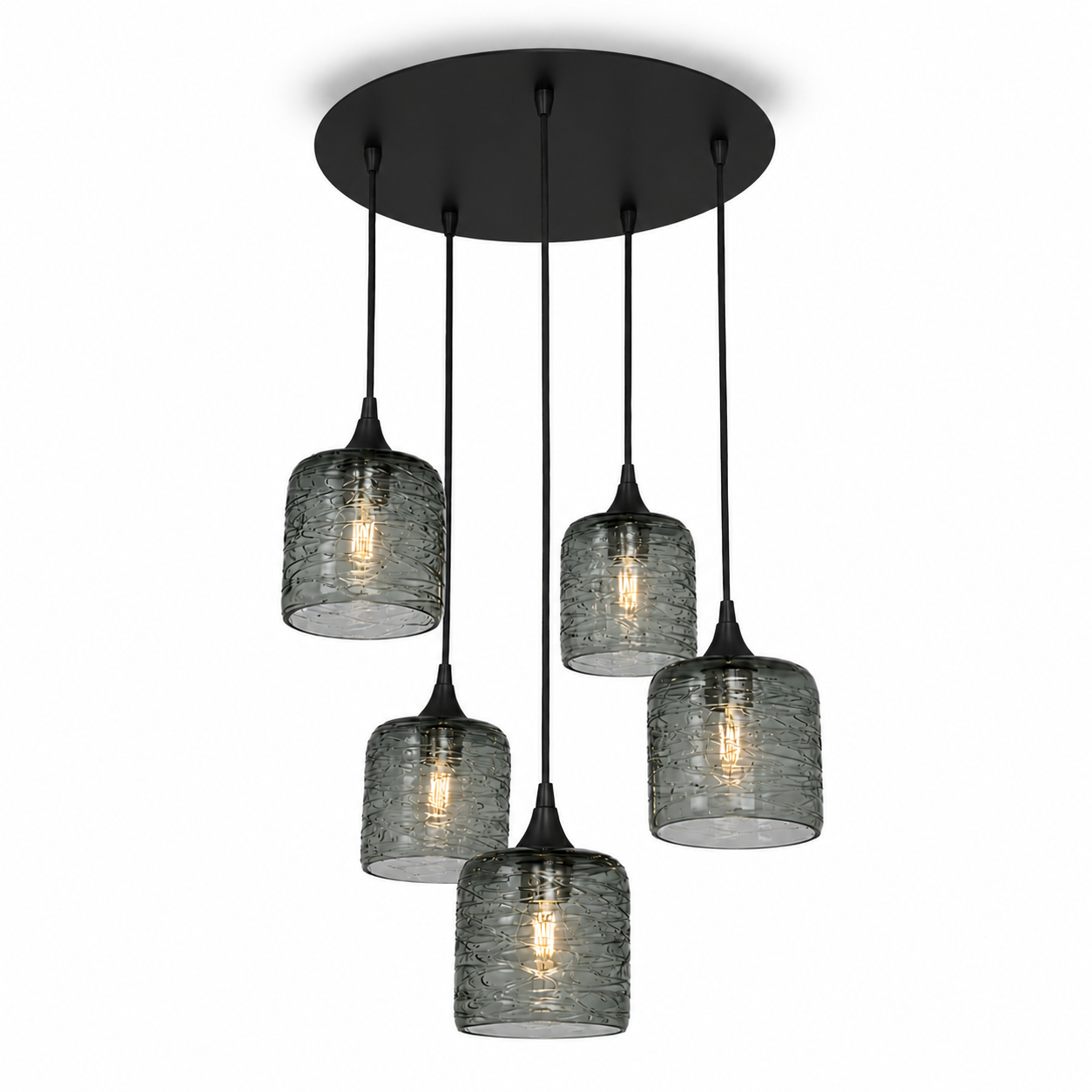 603 5 Pendant Cascade Chandelier-Glass-Bicycle Glass Co - Hotshop-Matte Black - 4ft Cord-Spun-Slate Gray-Bicycle Glass Co