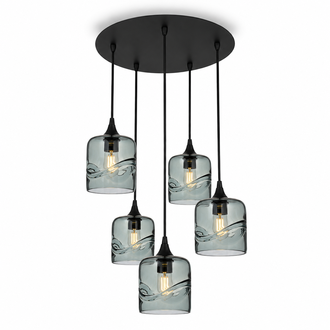 603 5 Pendant Cascade Chandelier-Glass-Bicycle Glass Co - Hotshop-Matte Black - 4ft Cord-Swell-Slate Gray-Bicycle Glass Co
