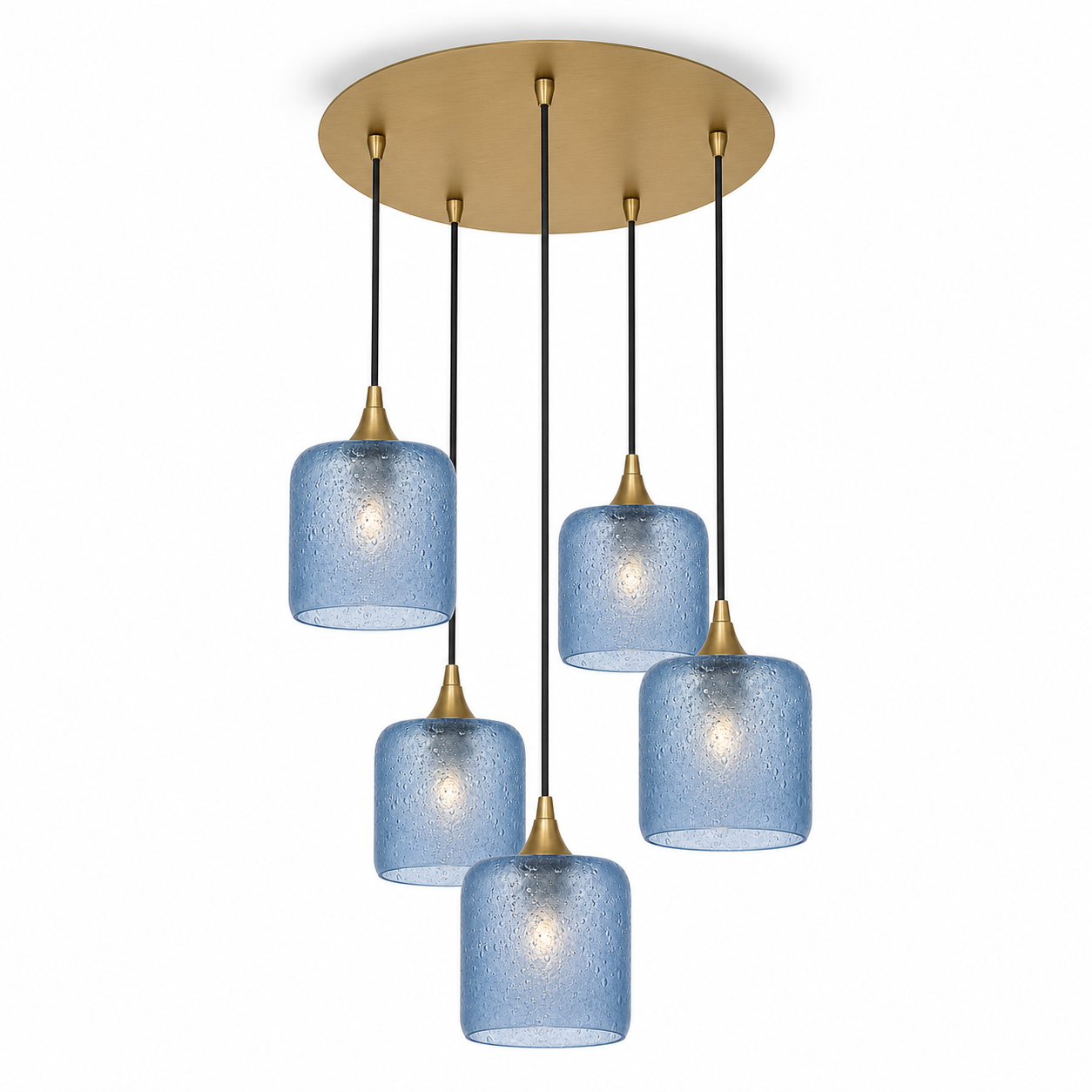 603 5 Pendant Cascade Chandelier-Glass-Bicycle Glass Co - Hotshop-Polished Brass - 4ft Cord-Celestial-Steel Blue-Bicycle Glass Co