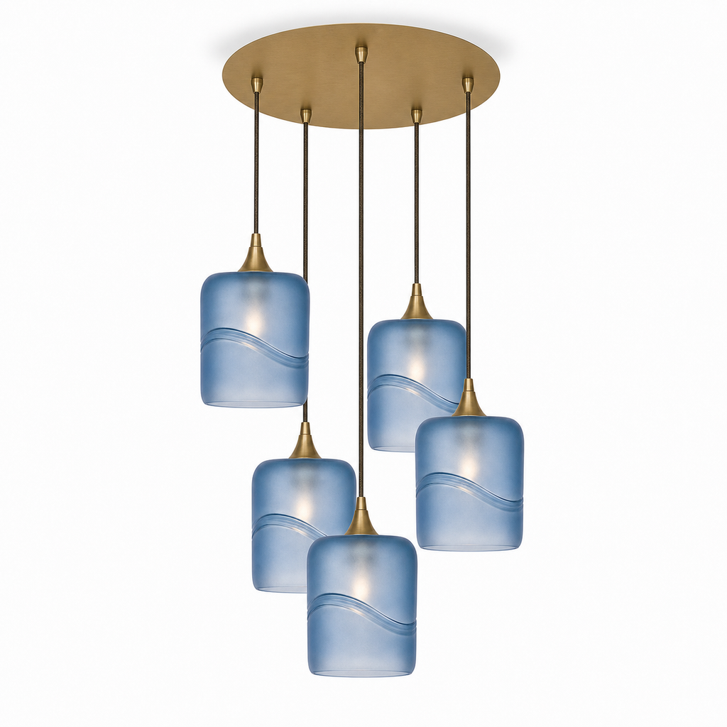 603 5 Pendant Cascade Chandelier-Glass-Bicycle Glass Co - Hotshop-Polished Brass - 4ft Cord-Glacial-Steel Blue-Bicycle Glass Co