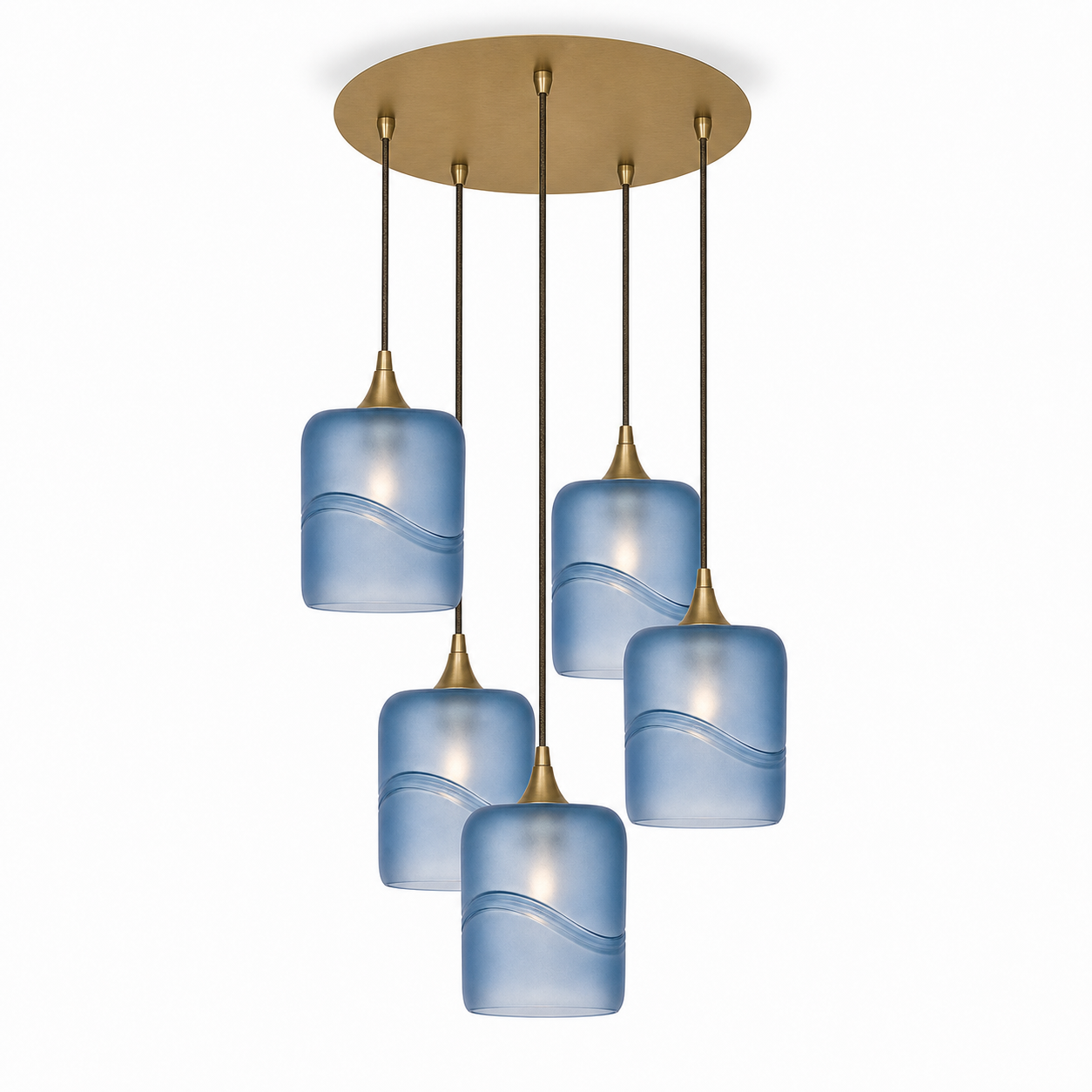 603 5 Pendant Cascade Chandelier-Glass-Bicycle Glass Co - Hotshop-Polished Brass - 4ft Cord-Glacial-Steel Blue-Bicycle Glass Co