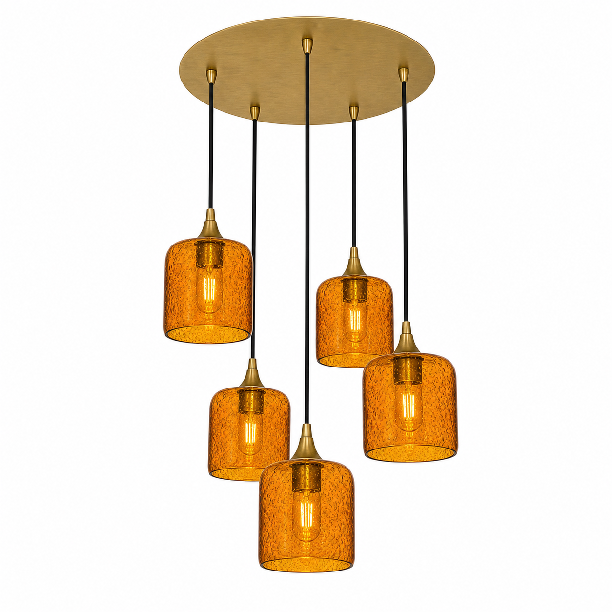 603 5 Pendant Cascade Chandelier-Glass-Bicycle Glass Co - Hotshop-Polished Brass - 4ft Cord-Lunar-Golden Amber-Bicycle Glass Co