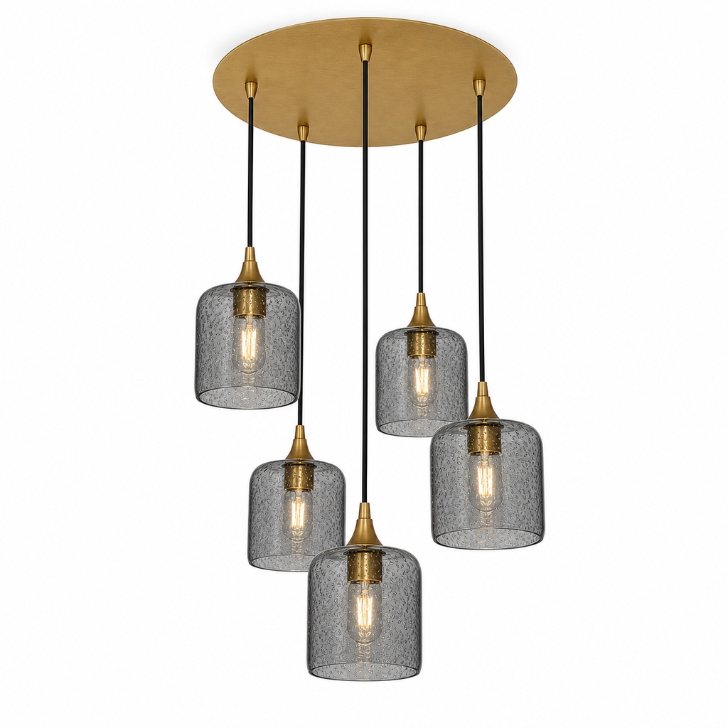 603 5 Pendant Cascade Chandelier-Glass-Bicycle Glass Co - Hotshop-Polished Brass - 4ft Cord-Lunar-Slate Gray-Bicycle Glass Co