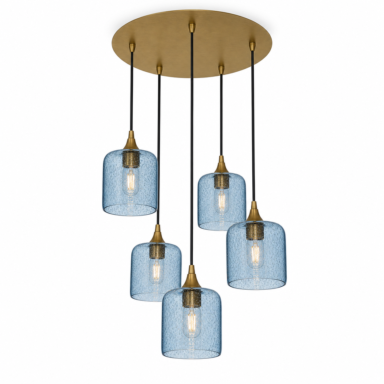 603 5 Pendant Cascade Chandelier-Glass-Bicycle Glass Co - Hotshop-Polished Brass - 4ft Cord-Lunar-Steel Blue-Bicycle Glass Co