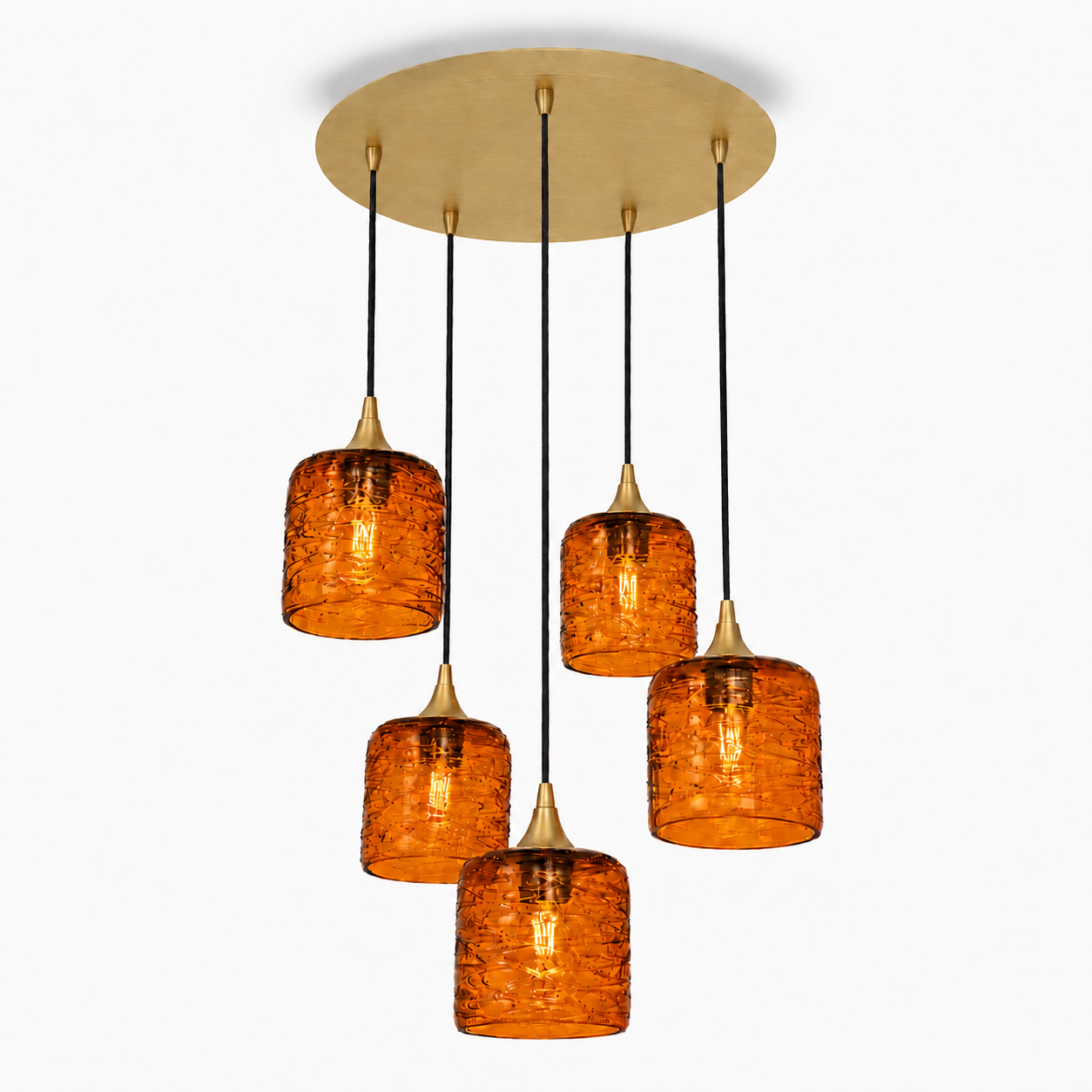 603 5 Pendant Cascade Chandelier-Glass-Bicycle Glass Co - Hotshop-Polished Brass - 4ft Cord-Spun-Golden Amber-Bicycle Glass Co
