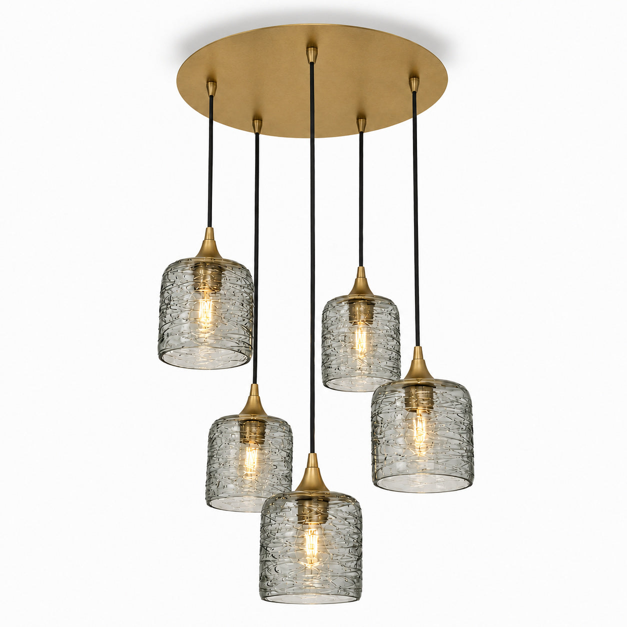 603 5 Pendant Cascade Chandelier-Glass-Bicycle Glass Co - Hotshop-Polished Brass - 4ft Cord-Spun-Slate Gray-Bicycle Glass Co