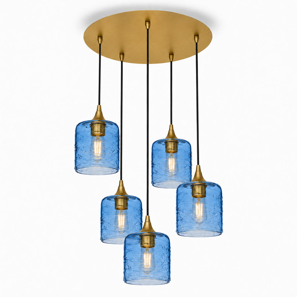 603 5 Pendant Cascade Chandelier-Glass-Bicycle Glass Co - Hotshop-Polished Brass - 4ft Cord-Spun-Steel Blue-Bicycle Glass Co