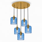 603 5 Pendant Cascade Chandelier-Glass-Bicycle Glass Co - Hotshop-Polished Brass - 4ft Cord-Spun-Steel Blue-Bicycle Glass Co