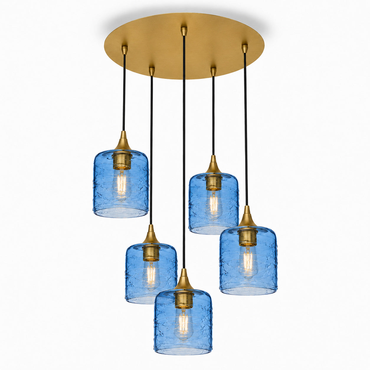 603 5 Pendant Cascade Chandelier-Glass-Bicycle Glass Co - Hotshop-Polished Brass - 4ft Cord-Spun-Steel Blue-Bicycle Glass Co