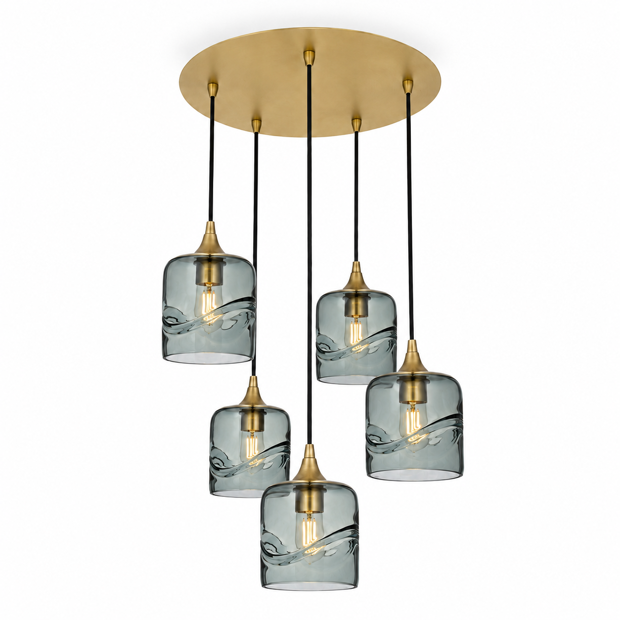 603 5 Pendant Cascade Chandelier-Glass-Bicycle Glass Co - Hotshop-Polished Brass - 4ft Cord-Swell-Slate Gray-Bicycle Glass Co