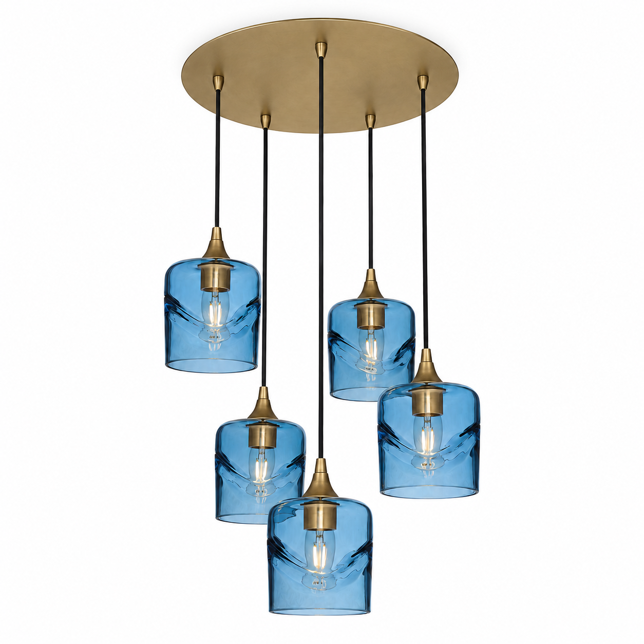 603 5 Pendant Cascade Chandelier-Glass-Bicycle Glass Co - Hotshop-Polished Brass - 4ft Cord-Swell-Steel Blue-Bicycle Glass Co