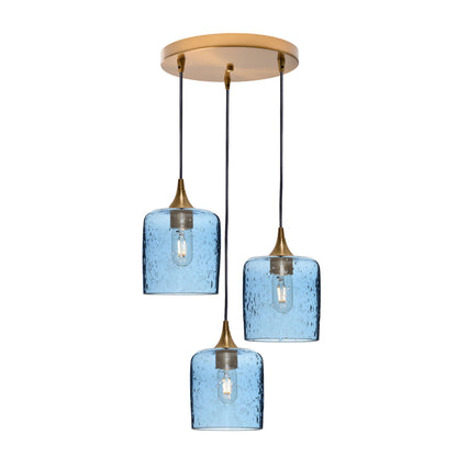 603 Lunar: 3 Pendant Cascade Chandelier-Glass-Bicycle Glass Co - Hotshop-Steel Blue-Polished Brass-Bicycle Glass Co