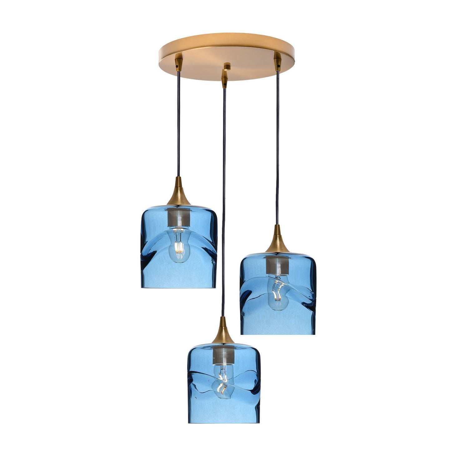 603 Swell: 3 Pendant Cascade Chandelier-Glass-Bicycle Glass Co - Hotshop-Steel Blue-Polished Brass-Bicycle Glass Co