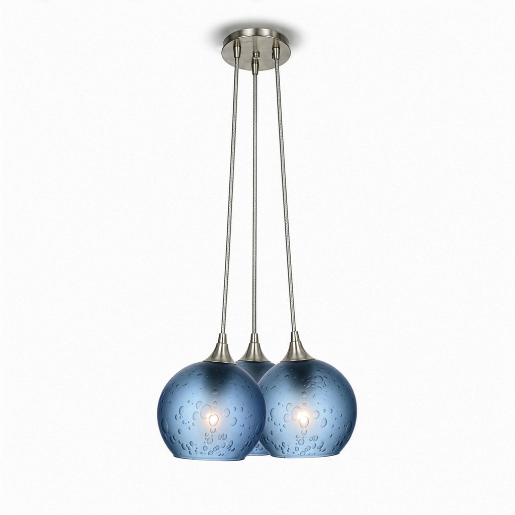 763 3 Cluster Chandelier-Glass-Bicycle Glass Co - Hotshop-Brushed Nickel - 4ft Cord-Celestial-Steel Blue-Bicycle Glass Co