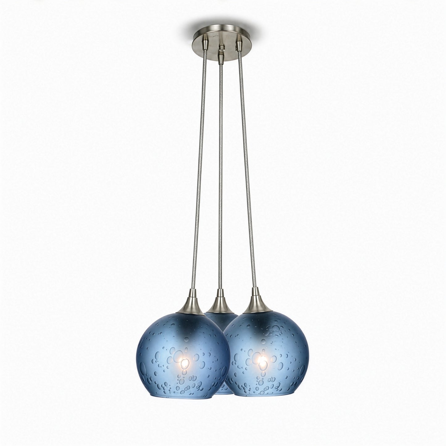 763 3 Cluster Chandelier-Glass-Bicycle Glass Co - Hotshop-Brushed Nickel - 4ft Cord-Celestial-Steel Blue-Bicycle Glass Co