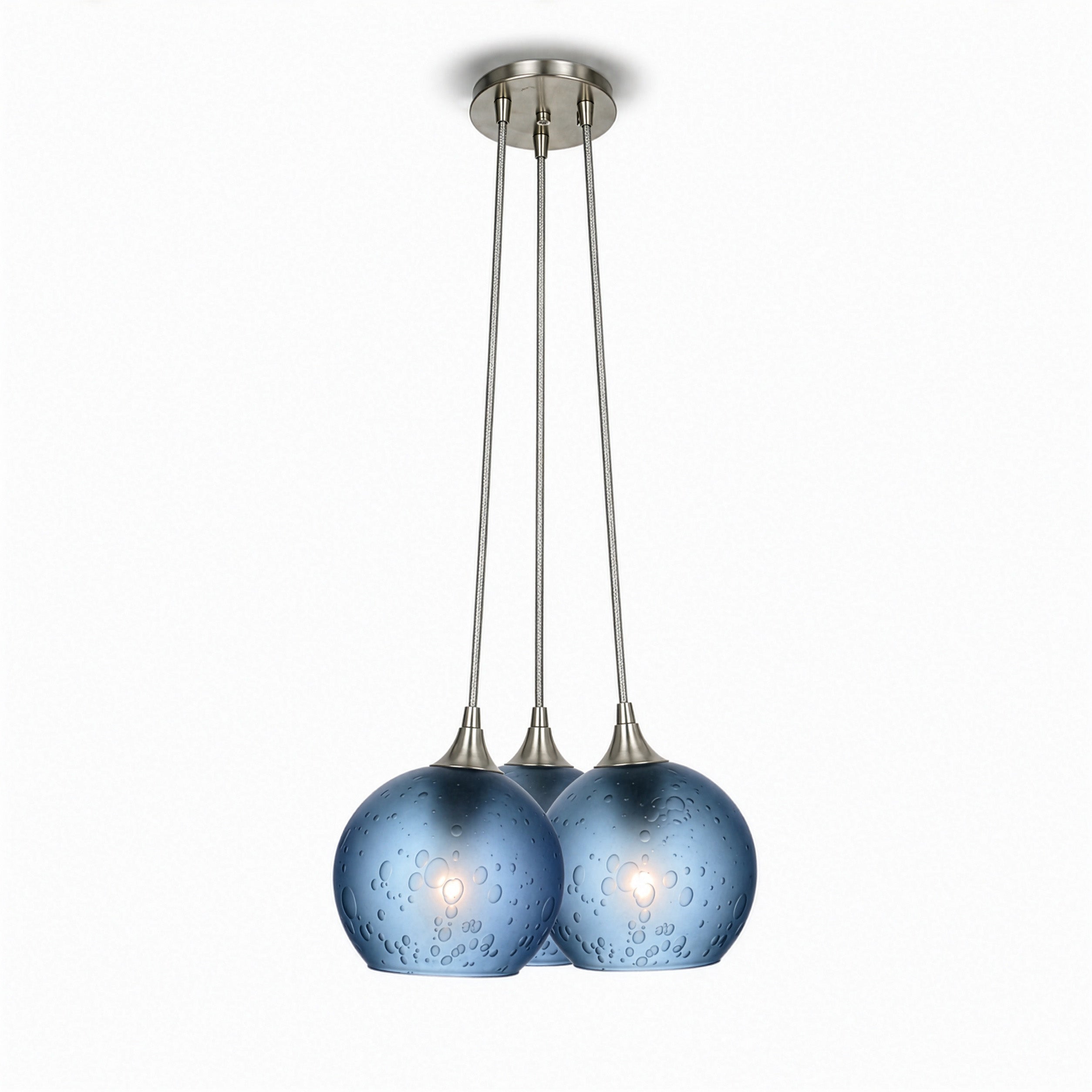 763 3 Cluster Chandelier-Glass-Bicycle Glass Co - Hotshop-Brushed Nickel - 4ft Cord-Celestial-Steel Blue-Bicycle Glass Co