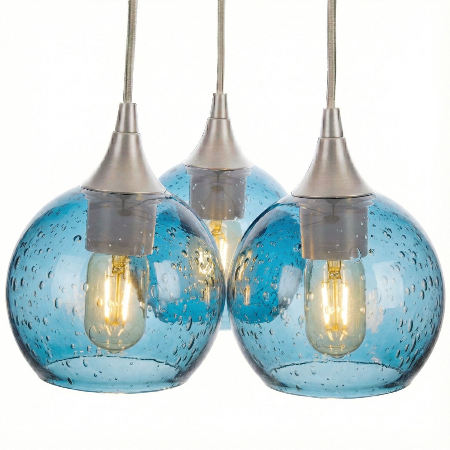 763 3 Cluster Chandelier-Glass-Bicycle Glass Co - Hotshop-Brushed Nickel - 4ft Cord-Lunar-Steel Blue-Bicycle Glass Co