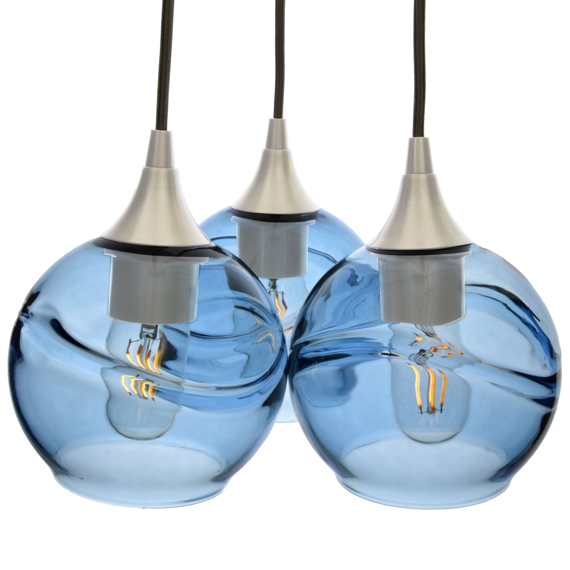 763 3 Cluster Chandelier-Glass-Bicycle Glass Co - Hotshop-Brushed Nickel - 4ft Cord-Swell-Steel Blue-Bicycle Glass Co
