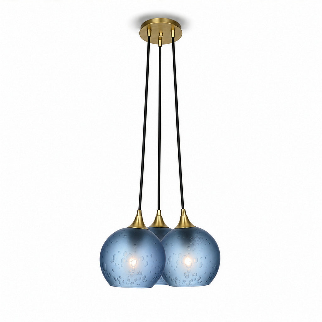 763 3 Cluster Chandelier-Glass-Bicycle Glass Co - Hotshop-Polished Brass - 4ft Cord-Celestial-Steel Blue-Bicycle Glass Co