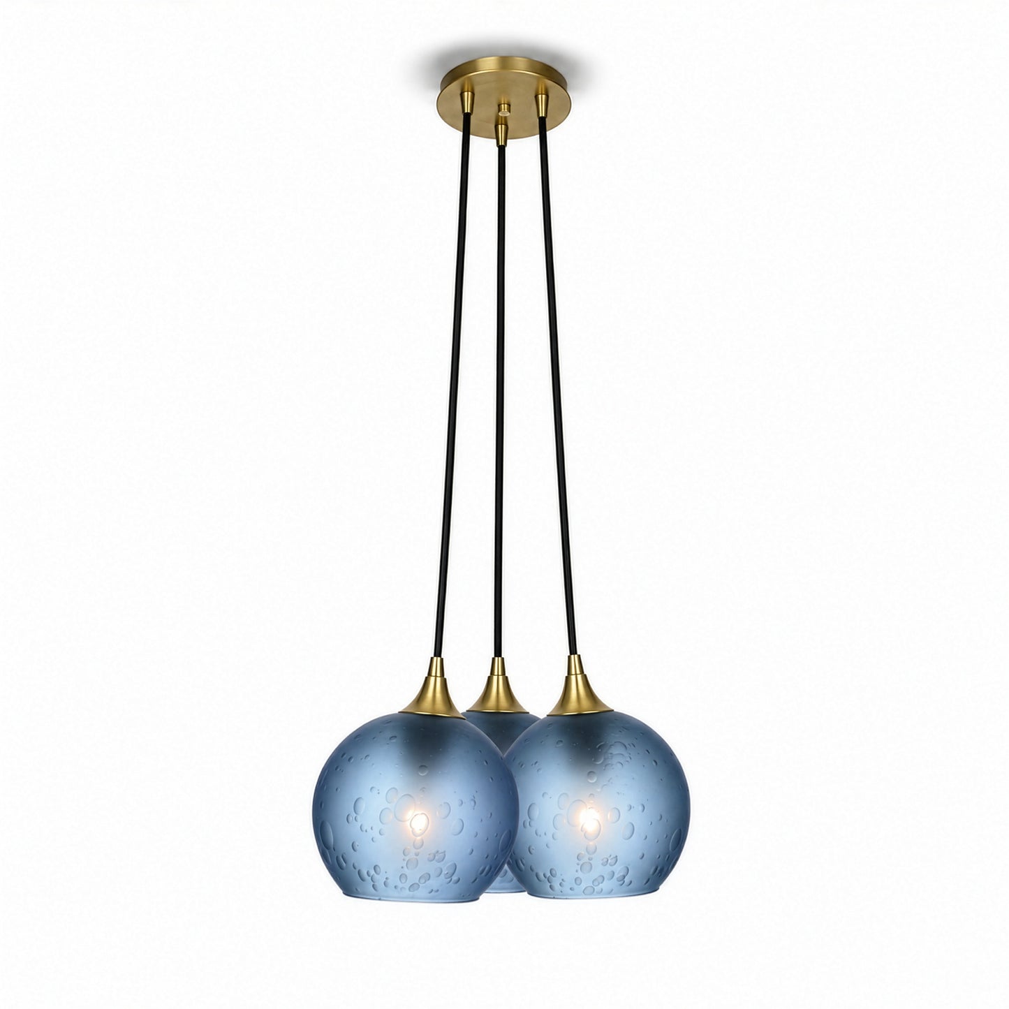 763 3 Cluster Chandelier-Glass-Bicycle Glass Co - Hotshop-Polished Brass - 4ft Cord-Celestial-Steel Blue-Bicycle Glass Co