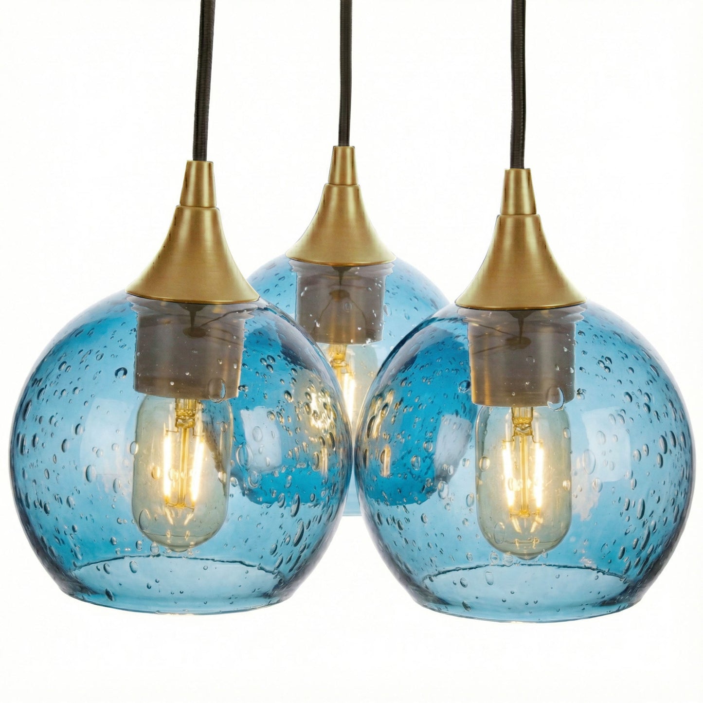 763 3 Cluster Chandelier-Glass-Bicycle Glass Co - Hotshop-Polished Brass - 4ft Cord-Lunar-Steel Blue-Bicycle Glass Co