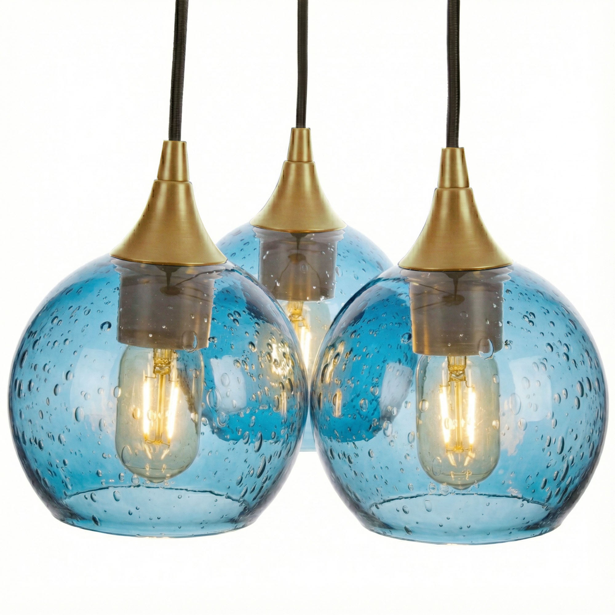 763 3 Cluster Chandelier-Glass-Bicycle Glass Co - Hotshop-Polished Brass - 4ft Cord-Lunar-Steel Blue-Bicycle Glass Co