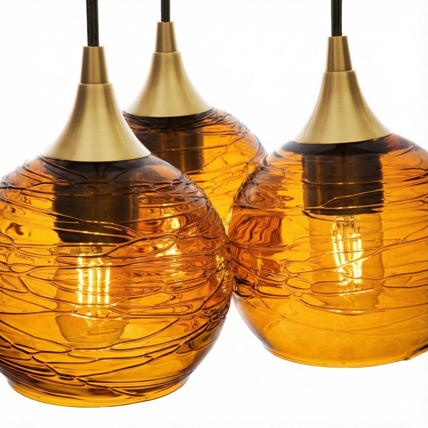 763 3 Cluster Chandelier-Glass-Bicycle Glass Co - Hotshop-Polished Brass - 4ft Cord-Spun-Golden Amber-Bicycle Glass Co