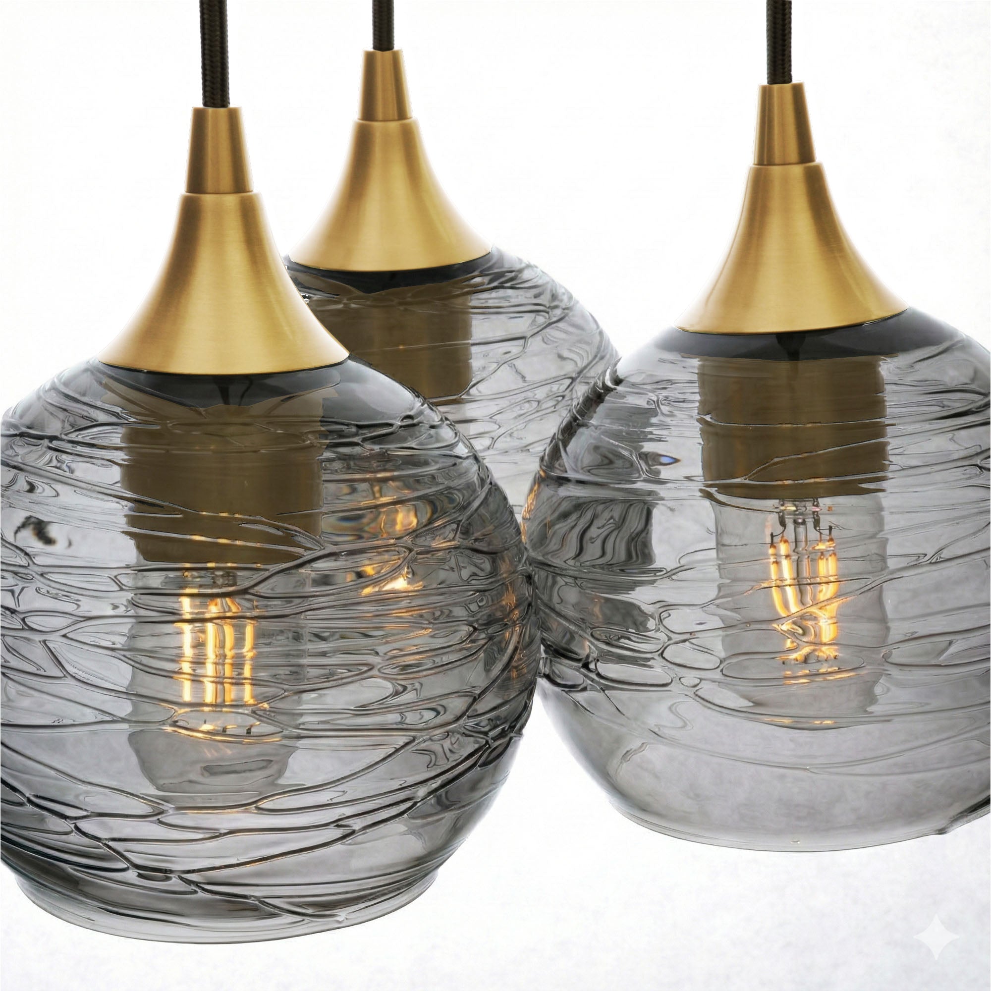 763 3 Cluster Chandelier-Glass-Bicycle Glass Co - Hotshop-Polished Brass - 4ft Cord-Spun-Slate Gray-Bicycle Glass Co