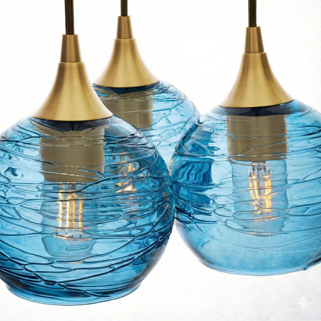 763 3 Cluster Chandelier-Glass-Bicycle Glass Co - Hotshop-Polished Brass - 4ft Cord-Spun-Steel Blue-Bicycle Glass Co
