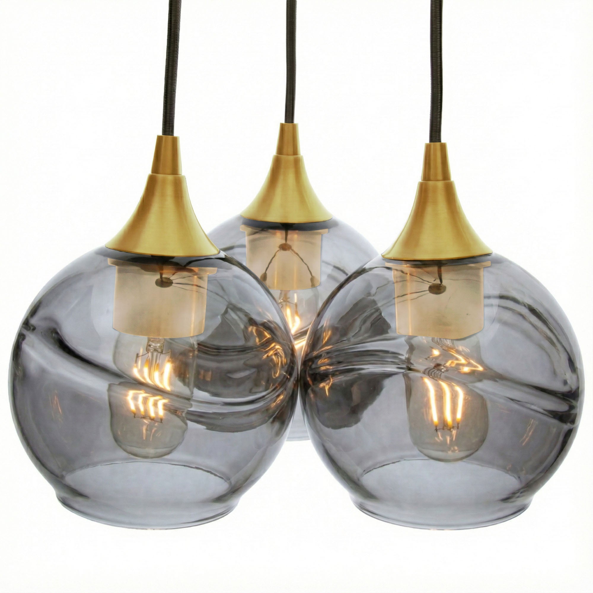 763 3 Cluster Chandelier-Glass-Bicycle Glass Co - Hotshop-Polished Brass - 4ft Cord-Swell-Slate Gray-Bicycle Glass Co