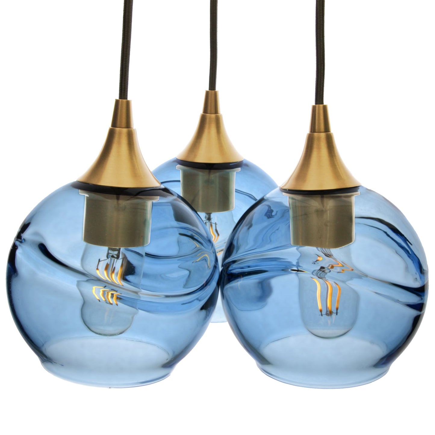 763 3 Cluster Chandelier-Glass-Bicycle Glass Co - Hotshop-Polished Brass - 4ft Cord-Swell-Steel Blue-Bicycle Glass Co