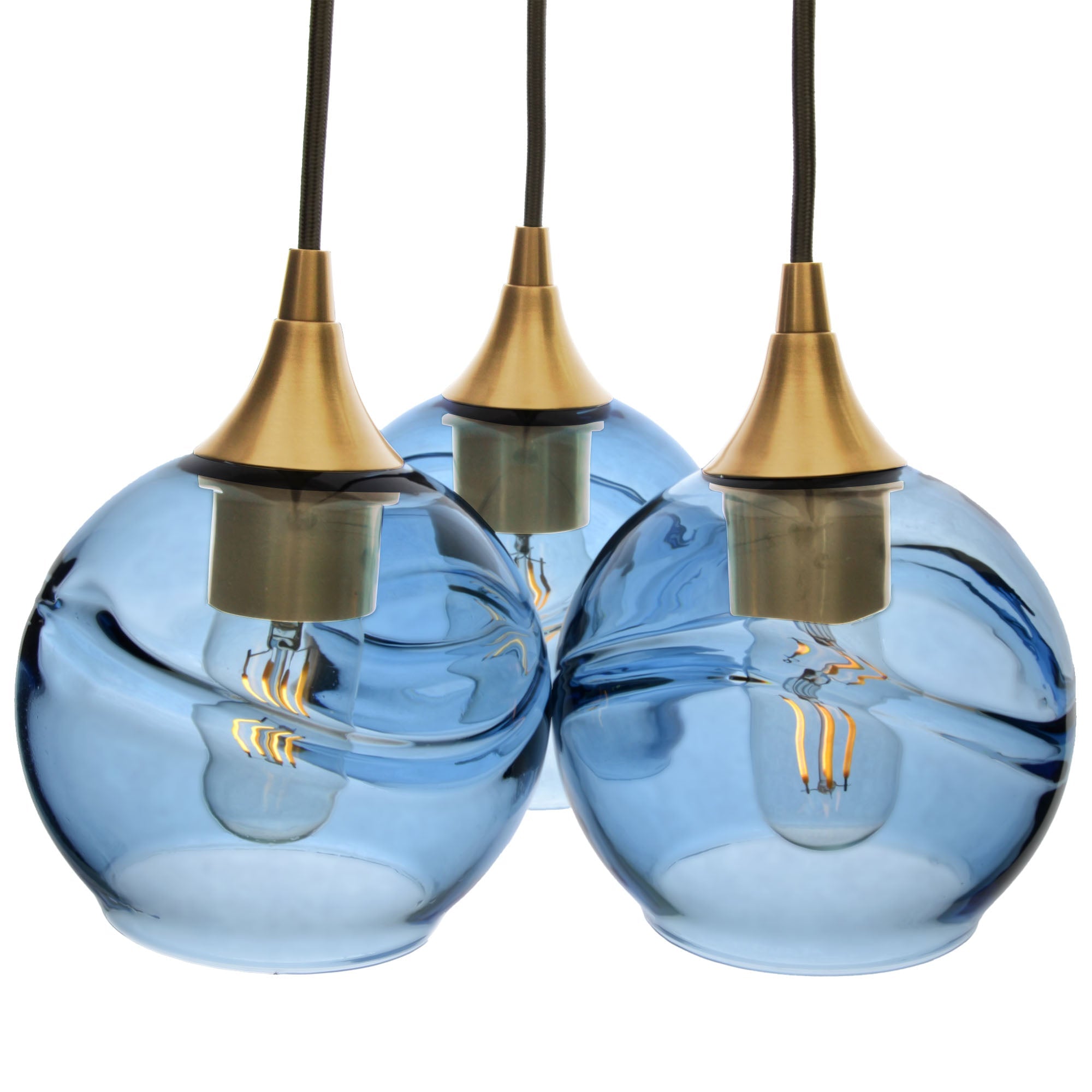 763 3 Cluster Chandelier-Glass-Bicycle Glass Co - Hotshop-Polished Brass - 4ft Cord-Swell-Steel Blue-Bicycle Glass Co