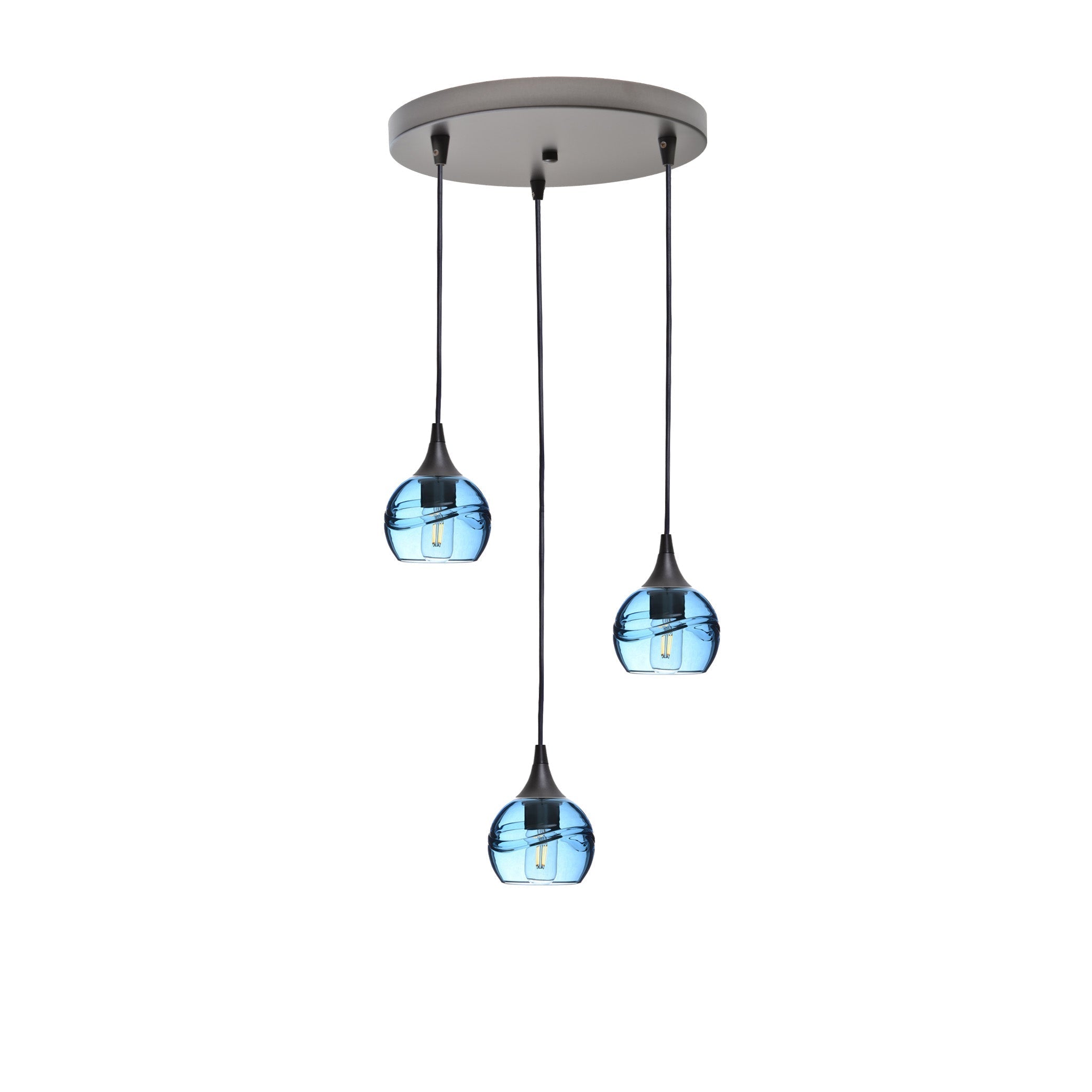 763 3 Pendant Cascade Chandelier-Glass-Bicycle Glass Co - Hotshop-Antique Bronze - 4ft Cord-Swell-Steel Blue-Bicycle Glass Co