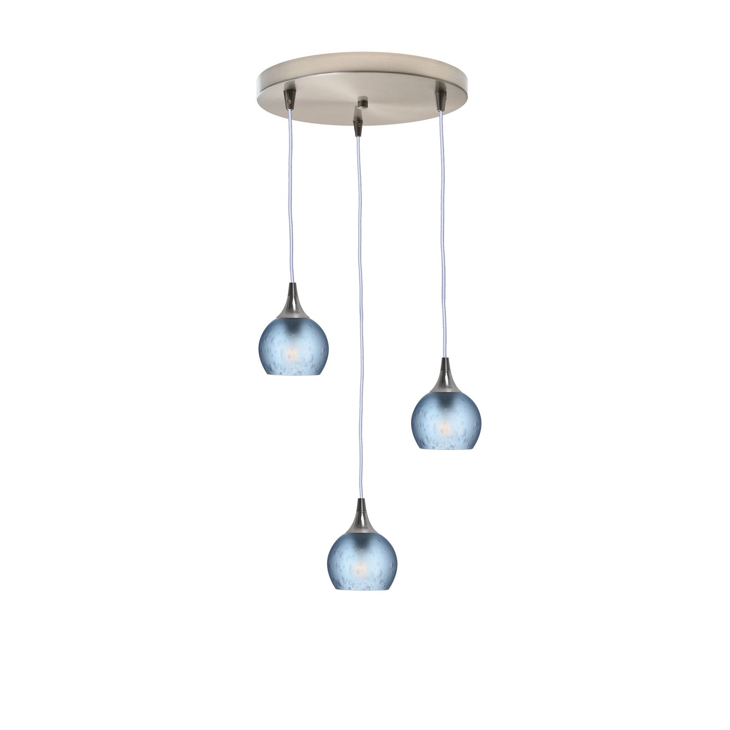 763 3 Pendant Cascade Chandelier-Glass-Bicycle Glass Co - Hotshop-Brushed Nickel - 4ft Cord-Celestial-Steel Blue-Bicycle Glass Co