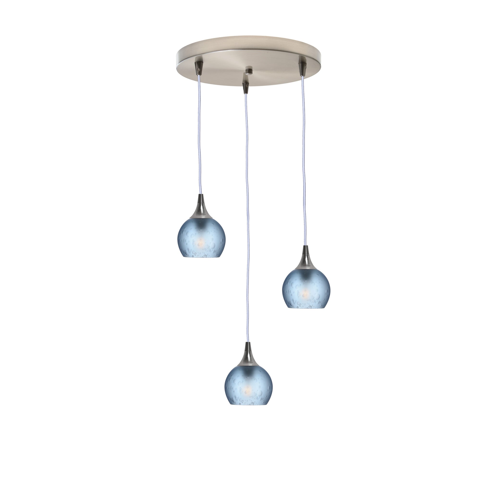 763 3 Pendant Cascade Chandelier-Glass-Bicycle Glass Co - Hotshop-Brushed Nickel - 4ft Cord-Celestial-Steel Blue-Bicycle Glass Co