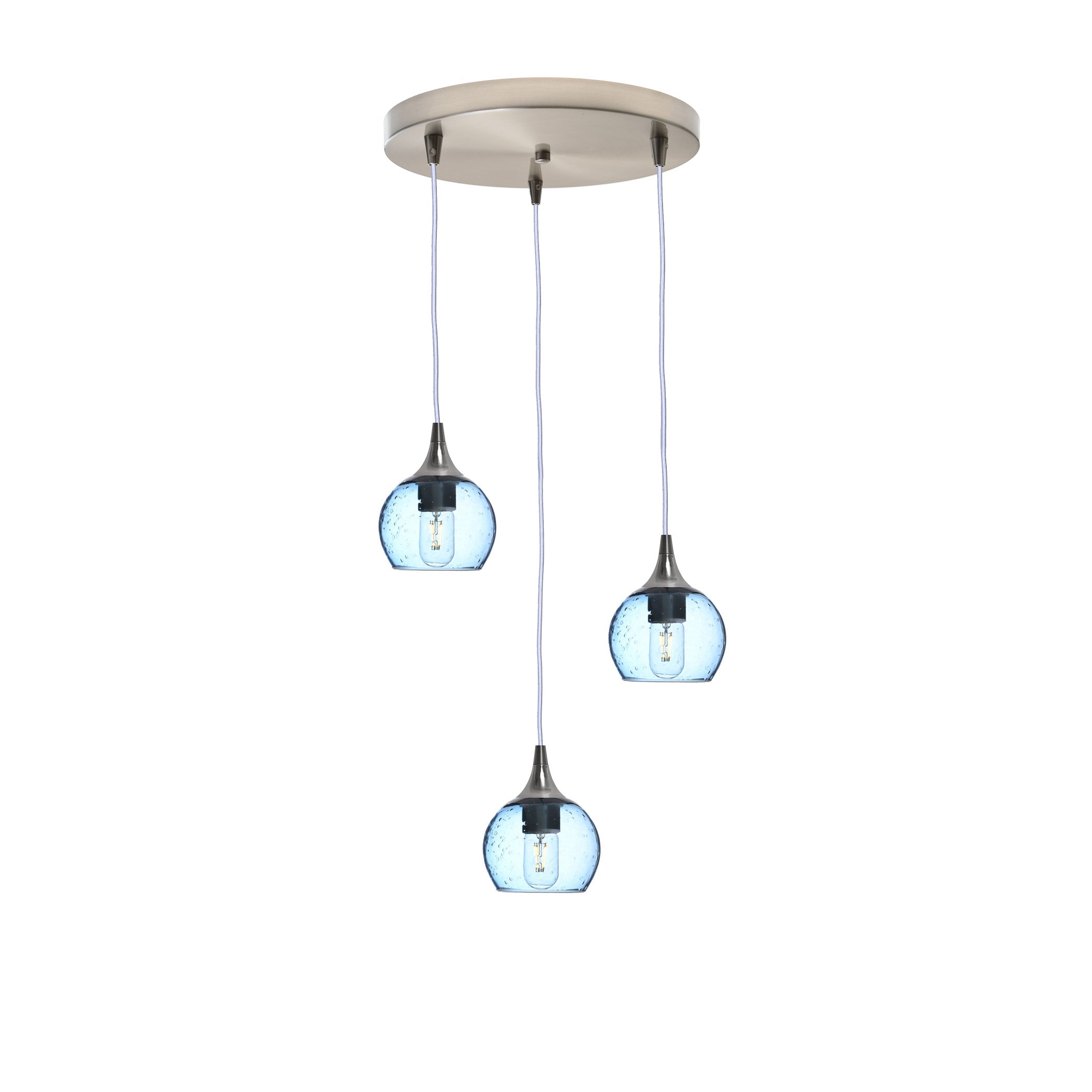 763 3 Pendant Cascade Chandelier-Glass-Bicycle Glass Co - Hotshop-Brushed Nickel - 4ft Cord-Lunar-Steel Blue-Bicycle Glass Co