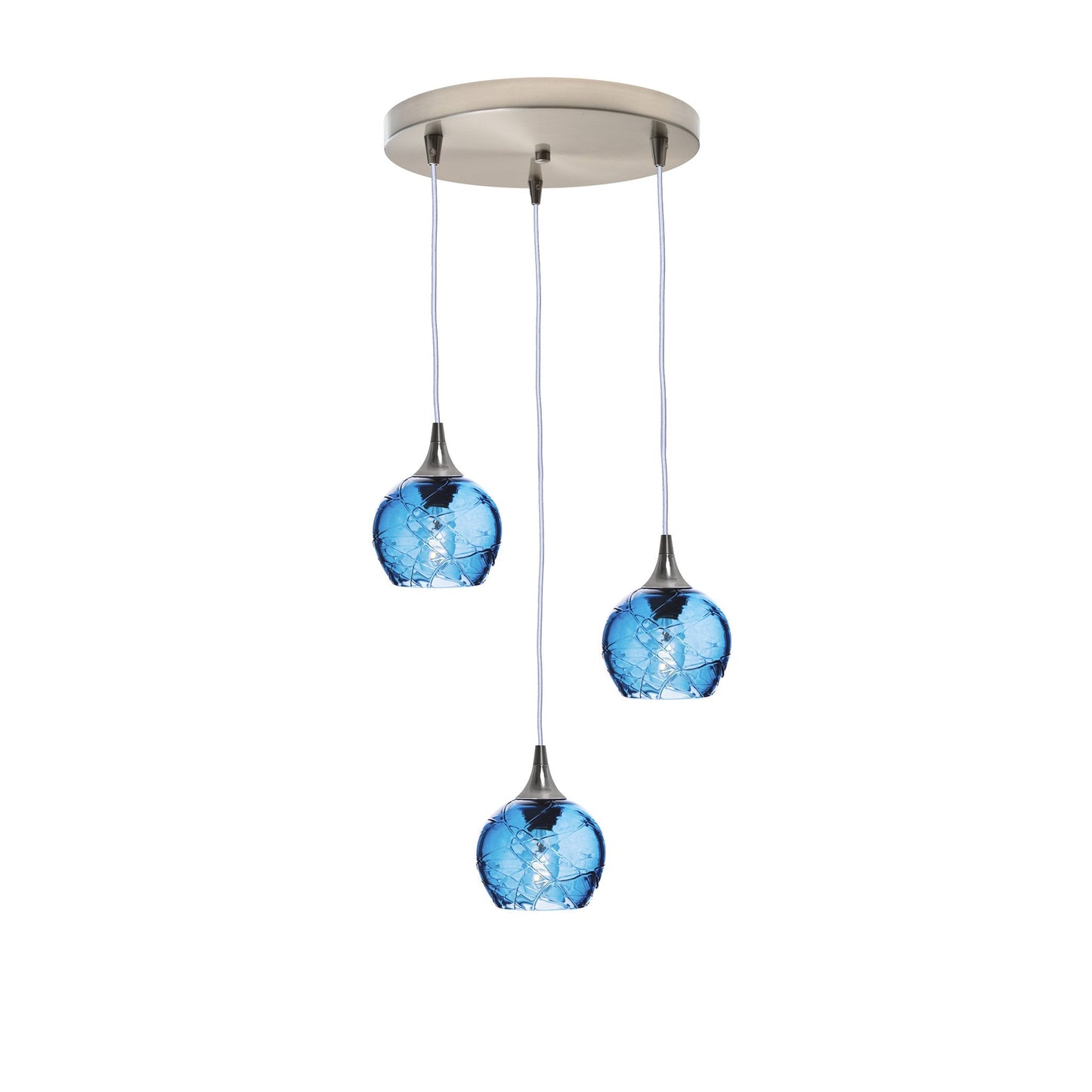 763 3 Pendant Cascade Chandelier-Glass-Bicycle Glass Co - Hotshop-Brushed Nickel - 4ft Cord-Spun-Steel Blue-Bicycle Glass Co