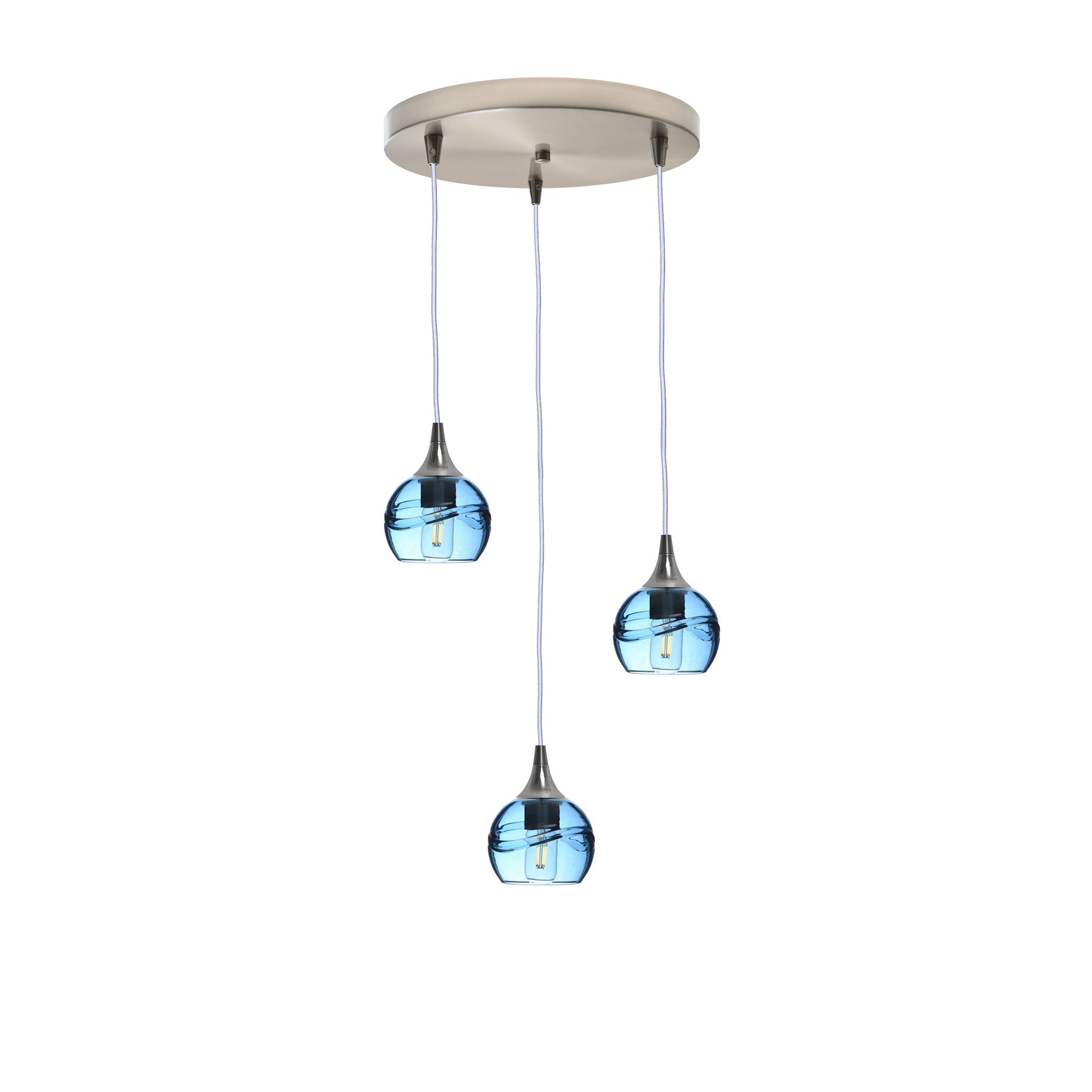 763 3 Pendant Cascade Chandelier-Glass-Bicycle Glass Co - Hotshop-Brushed Nickel - 4ft Cord-Swell-Steel Blue-Bicycle Glass Co