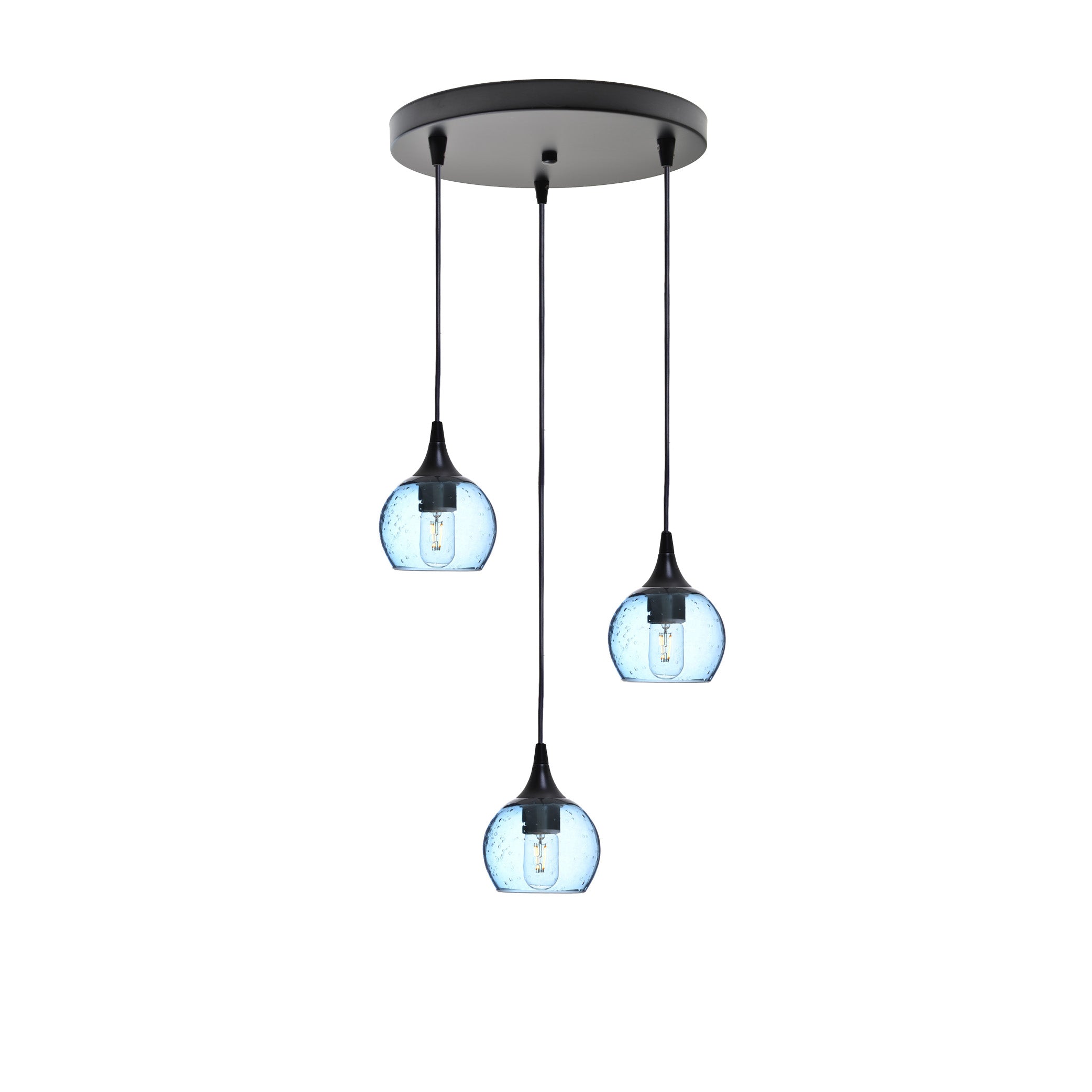 763 3 Pendant Cascade Chandelier-Glass-Bicycle Glass Co - Hotshop-Matte Black - 4ft Cord-Lunar-Steel Blue-Bicycle Glass Co
