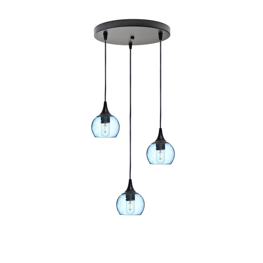 763 3 Pendant Cascade Chandelier-Glass-Bicycle Glass Co - Hotshop-Matte Black - 4ft Cord-Lunar-Steel Blue-Bicycle Glass Co