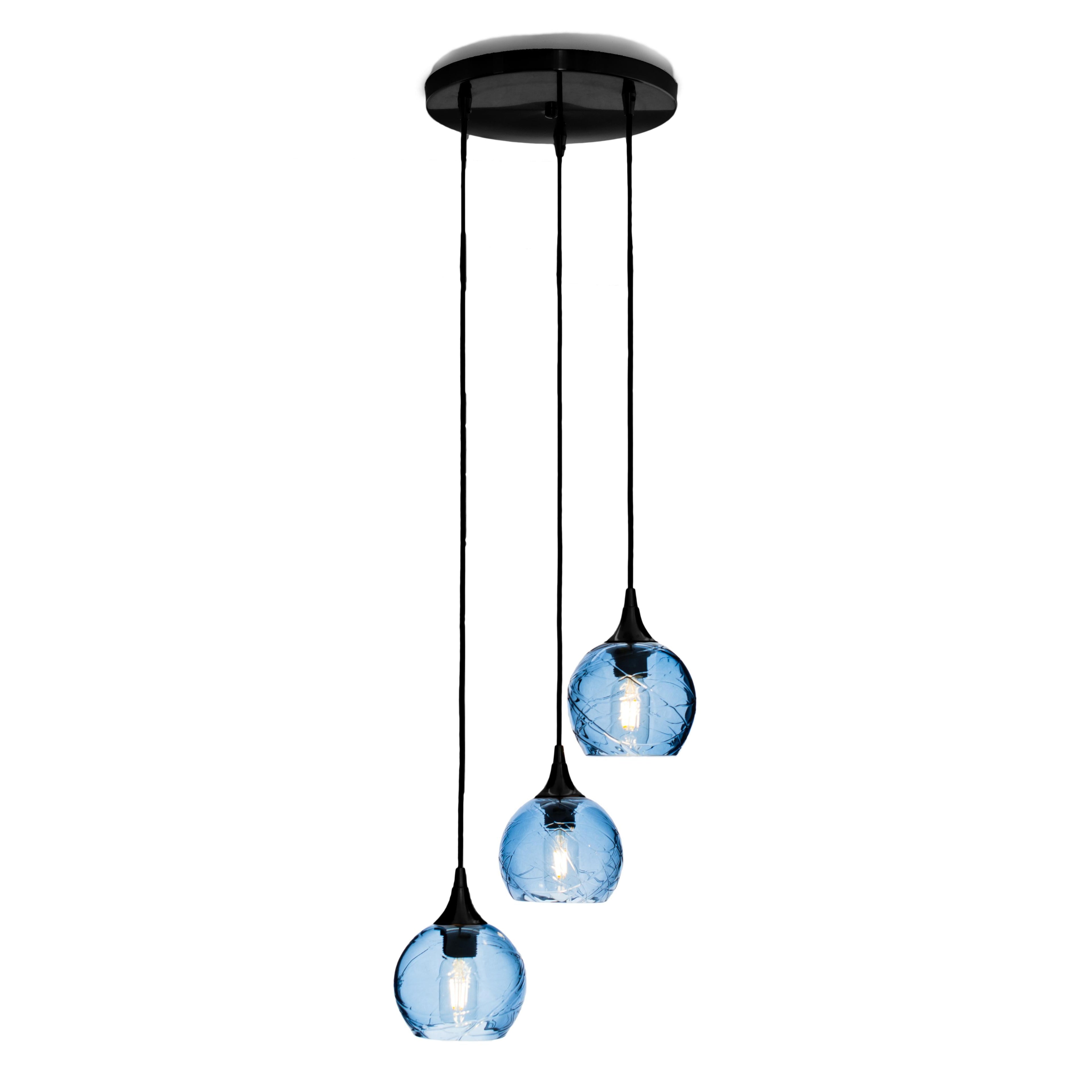 763 3 Pendant Cascade Chandelier-Glass-Bicycle Glass Co - Hotshop-Matte Black - 4ft Cord-Spun-Steel Blue-Bicycle Glass Co