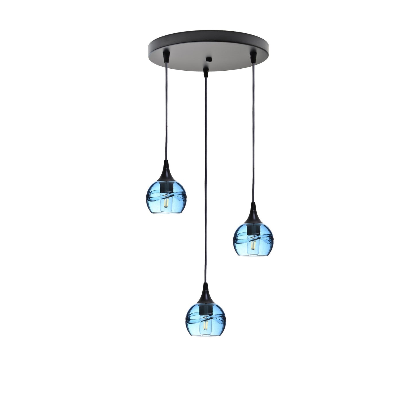 763 3 Pendant Cascade Chandelier-Glass-Bicycle Glass Co - Hotshop-Matte Black - 4ft Cord-Swell-Steel Blue-Bicycle Glass Co