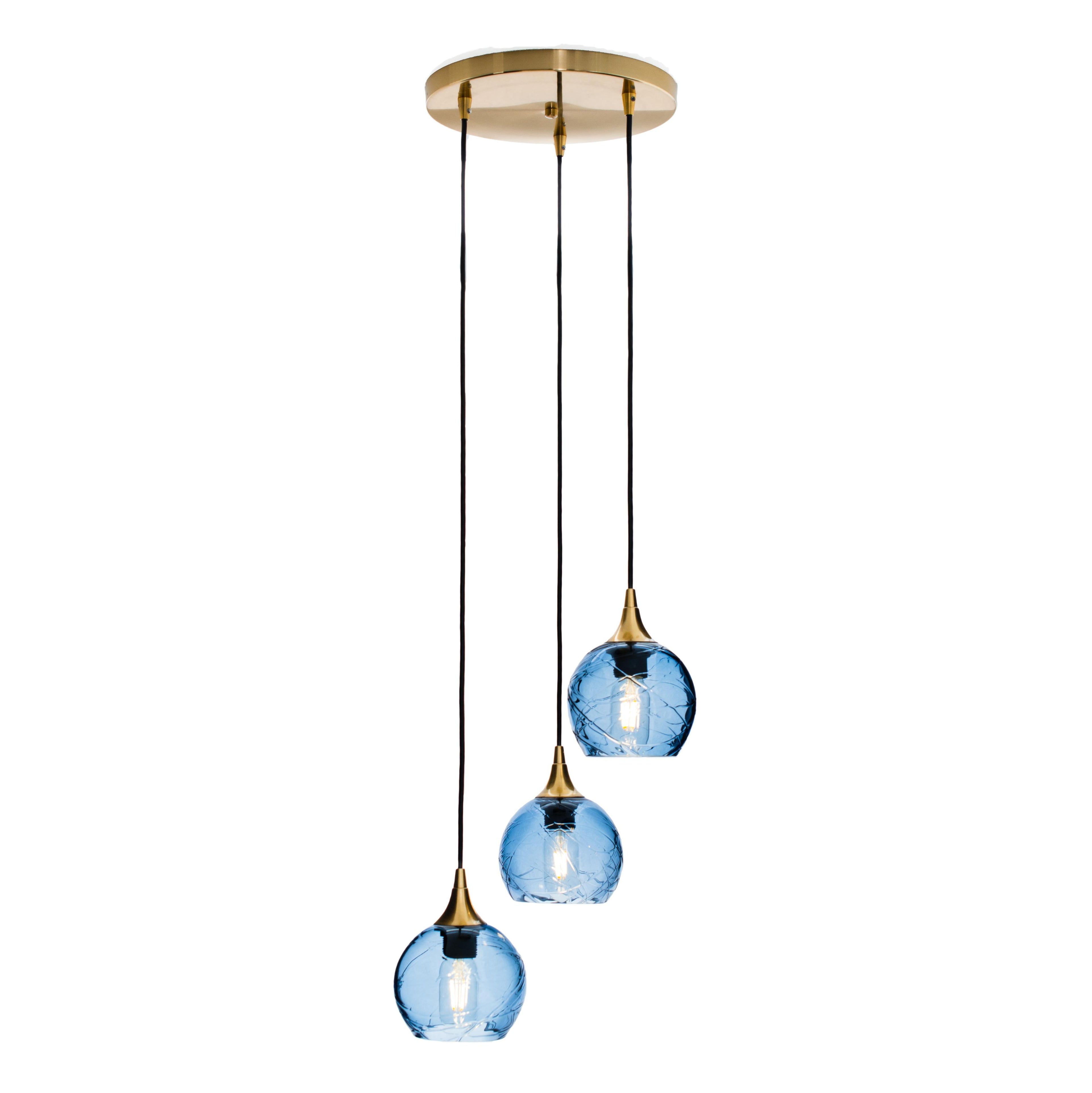 763 3 Pendant Cascade Chandelier-Glass-Bicycle Glass Co - Hotshop-Polished Brass - 4ft Cord-Spun-Steel Blue-Bicycle Glass Co