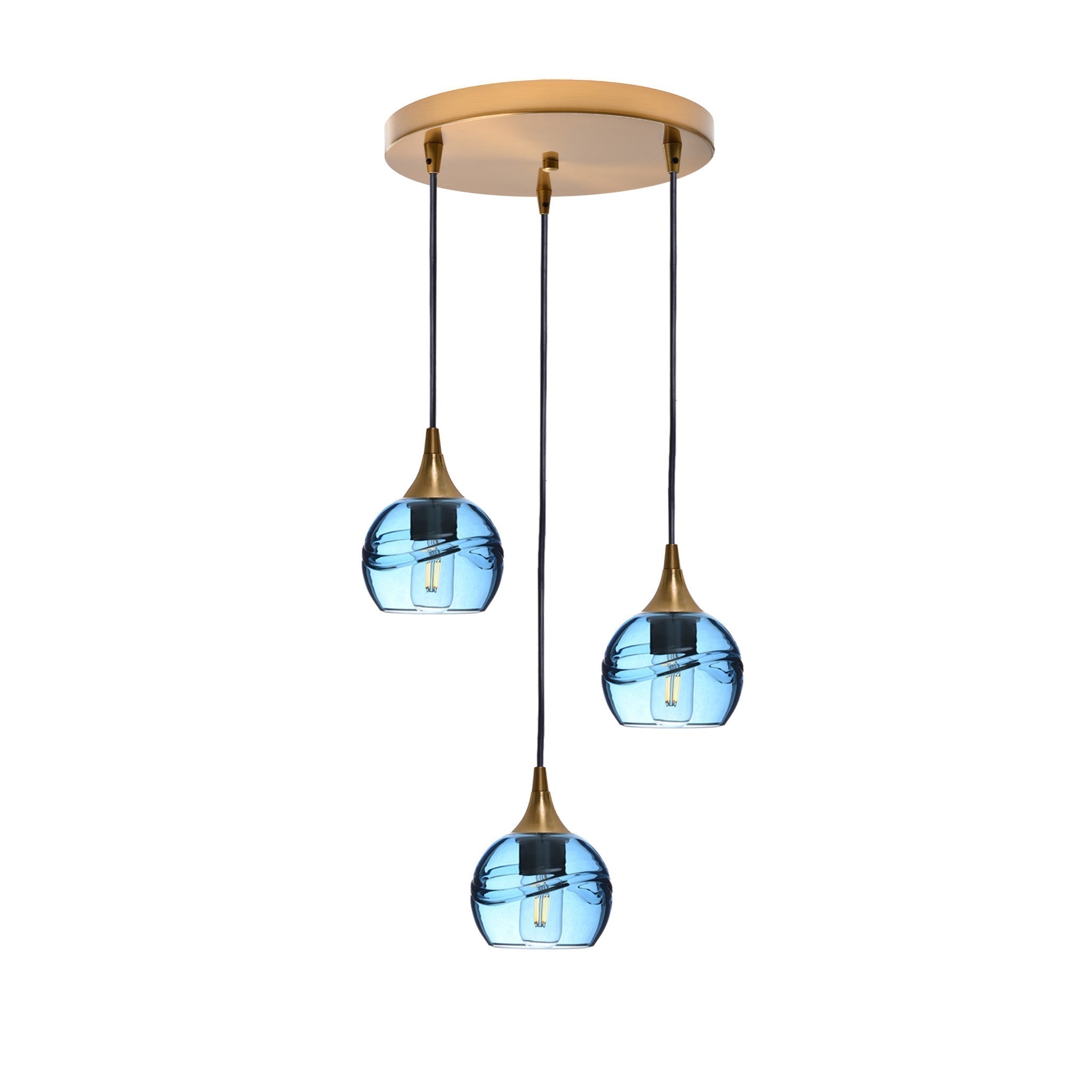 763 3 Pendant Cascade Chandelier-Glass-Bicycle Glass Co - Hotshop-Polished Brass - 4ft Cord-Swell-Steel Blue-Bicycle Glass Co