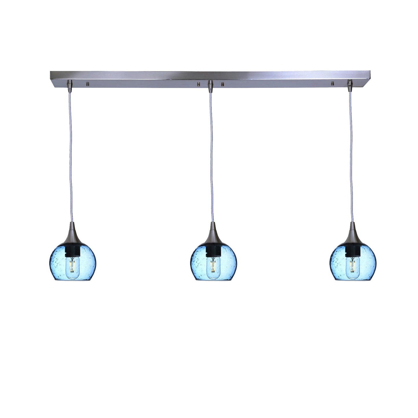 763 3 Pendant Linear Chandelier-Glass-Bicycle Glass Co - Hotshop-Brushed Nickel - 4ft Cord-Lunar-Steel Blue-Bicycle Glass Co
