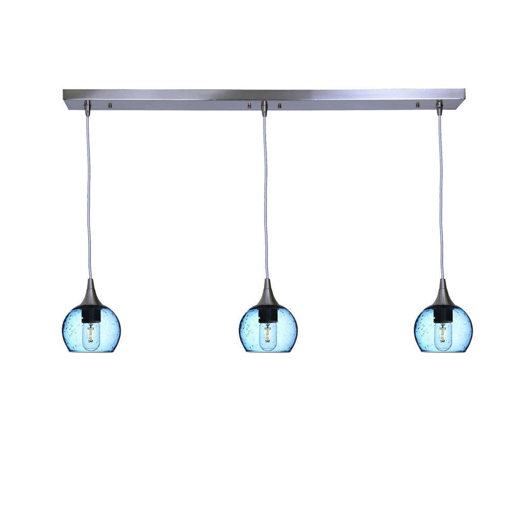 763 3 Pendant Linear Chandelier-Glass-Bicycle Glass Co - Hotshop-Brushed Nickel - 4ft Cord-Lunar-Steel Blue-Bicycle Glass Co