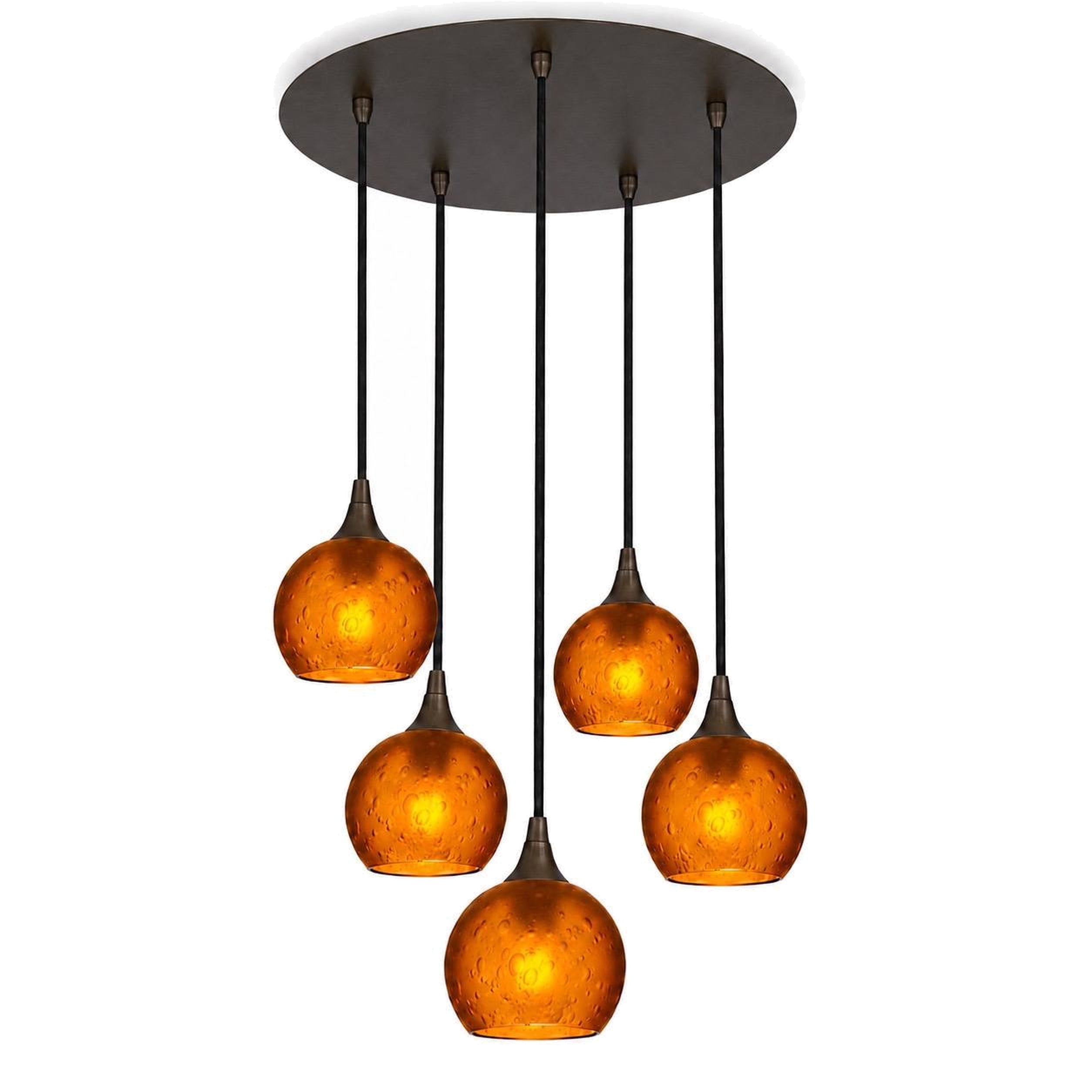 763 5 Pendant Cascade Chandelier-Bicycle Glass Co-Antique Bronze - 4ft Cord-Celestial-Golden Amber-Bicycle Glass Co