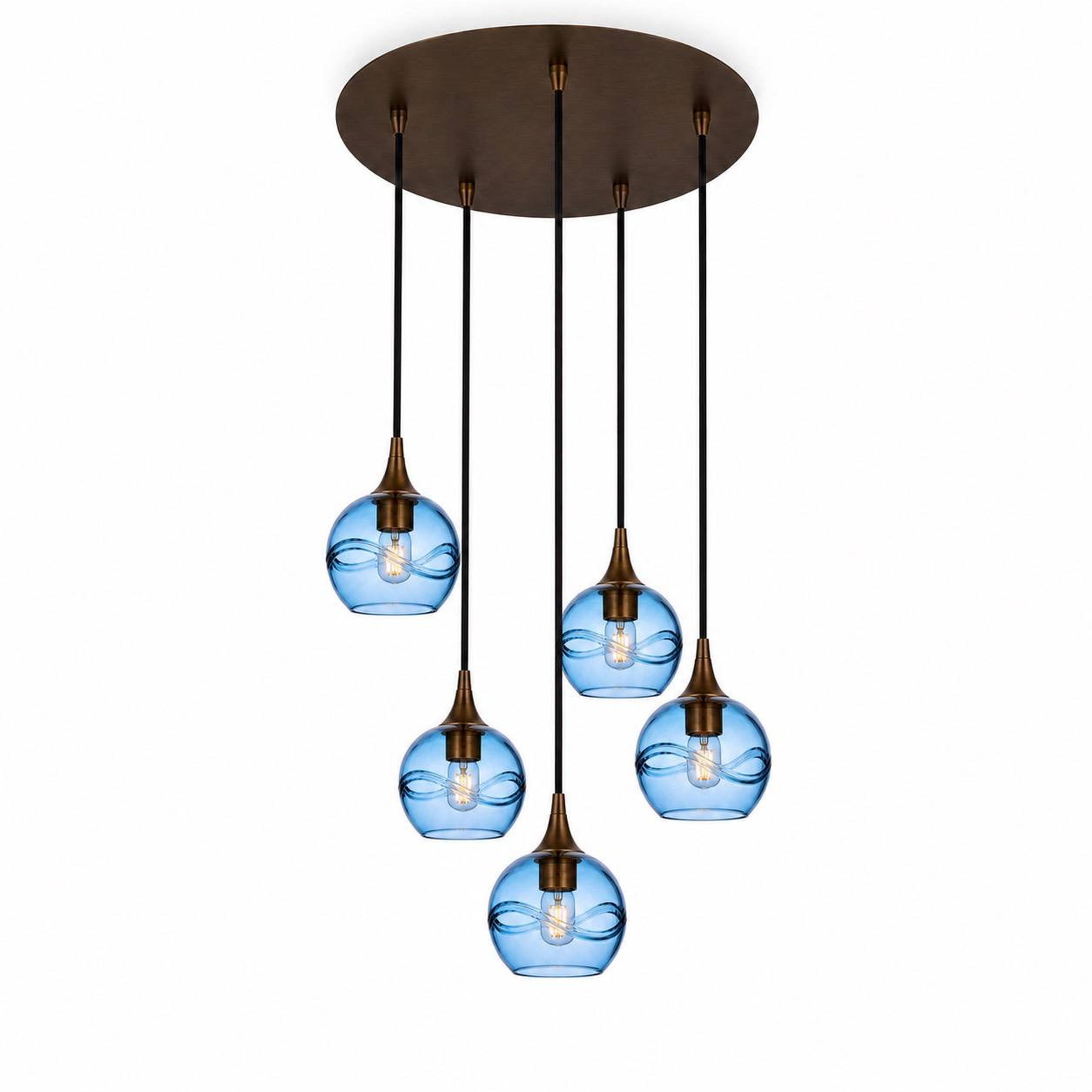763 5 Pendant Cascade Chandelier-Bicycle Glass Co-Antique Bronze - 4ft Cord-Swell-Steel Blue-Bicycle Glass Co