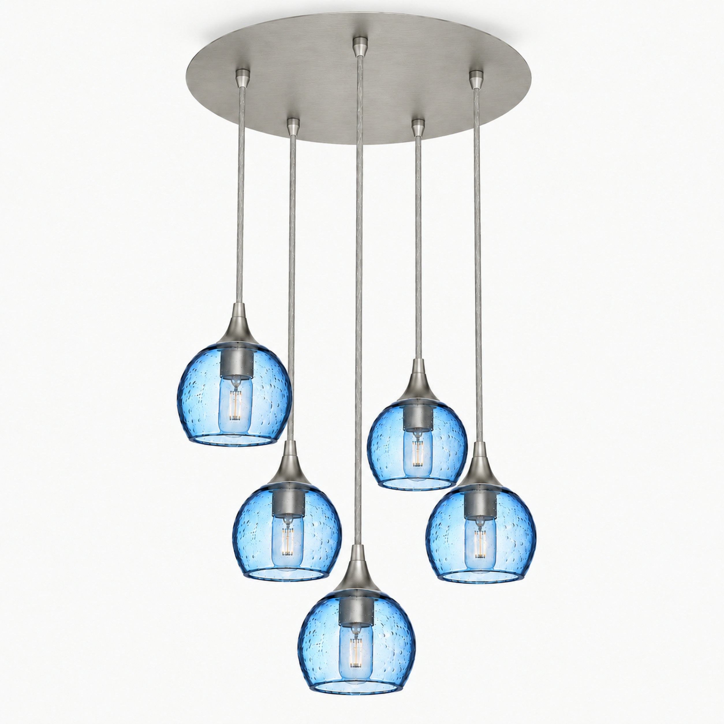 763 5 Pendant Cascade Chandelier-Bicycle Glass Co-Brushed Nickel - 4ft Cord-Lunar-Steel Blue-Bicycle Glass Co